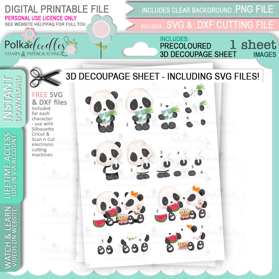 Noodle Panda bear - 3D Decoupage sheet 3 - Cute craft printables with SVG outlines for card making, crafting, printable planner sticker