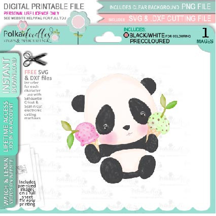 Set 3- Noodle Panda bear cute printable digi stamp clipart with SVG outlines for card making, crafting, printable planner sticker