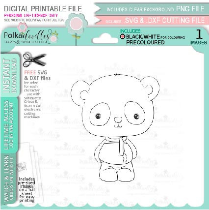 Set 2 - Noodle Panda bear cute printable digi stamp clipart with SVG outlines for card making, crafting, printable planner sticker