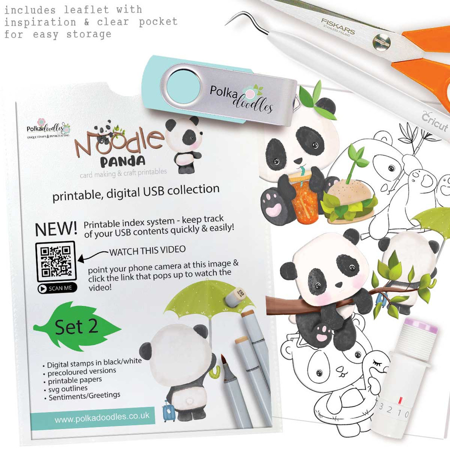USB Set 2 - Noodle Panda bear cute printable digi stamp clipart with SVG outlines for card making, crafting, printable planner sticker