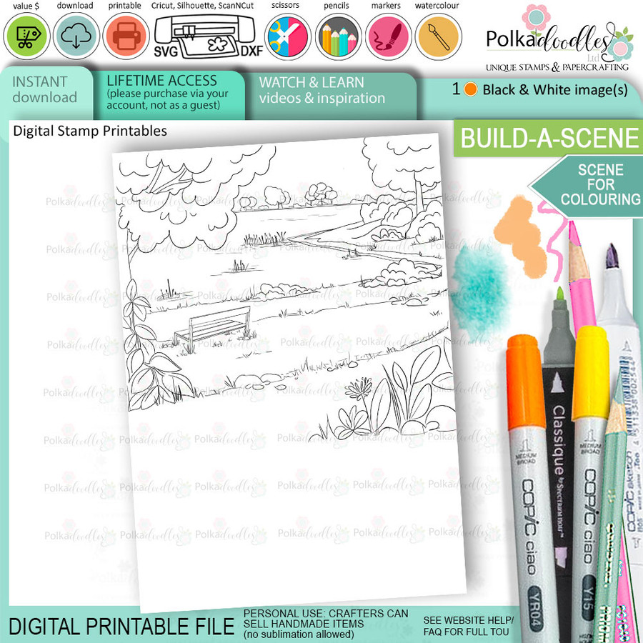 Park Scene for colouring - digital printables for card making, crafts, digiscrap