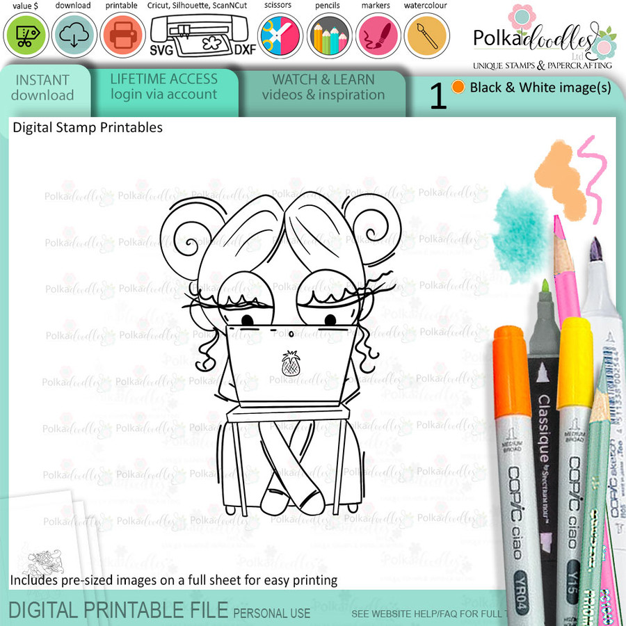Working study computer laptop ipad phone PC technology - Wanda Cute printable digi stamp clipart with SVG outlines for card making, crafting, printable planner sticker