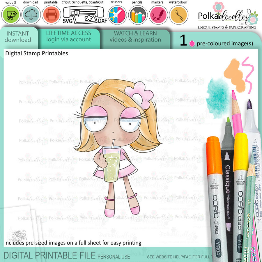 Drinking Soda Pop milkshake - Wanda PRECOLOURED Cute printable digi stamp clipart with SVG outlines for card making, crafting, printable planner sticker