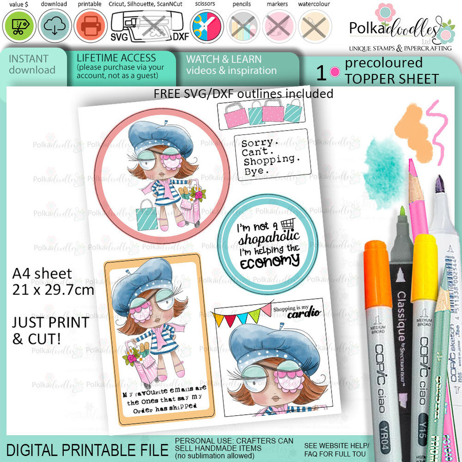 Wanda Cute printable Bundle - Big Kahuna deal. Digital stamps, clipart, papers, toppers, quotes, SVG outlines for card making, crafting, printable stickers
