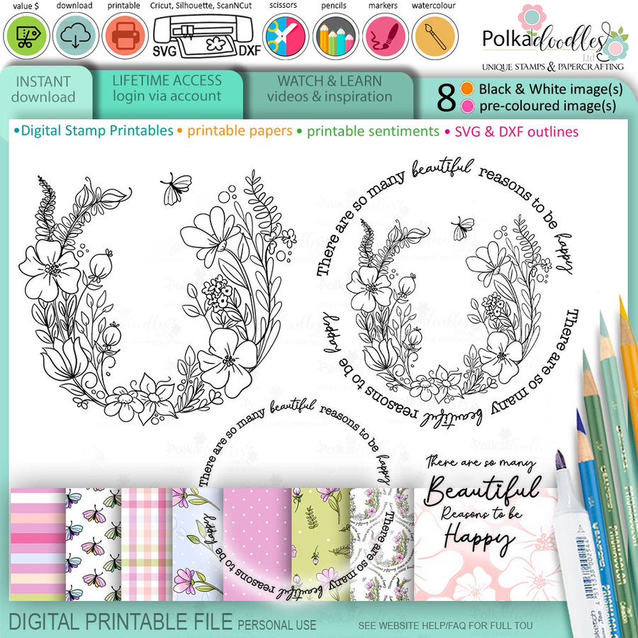 Pretty Flower Wreath -  printable craft digital stamp download, SVG, papers, greetings