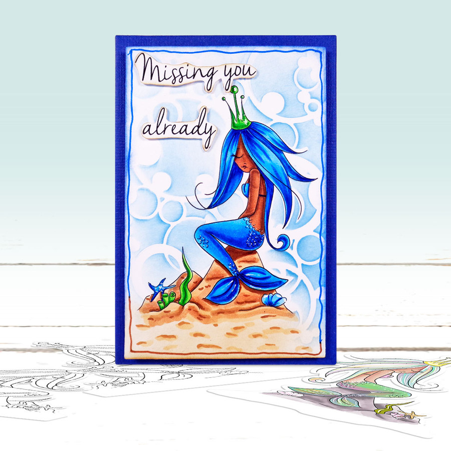 Coral Mermaid Princess Sitting on a rock - printable card making craft digital stamp with SVG outline