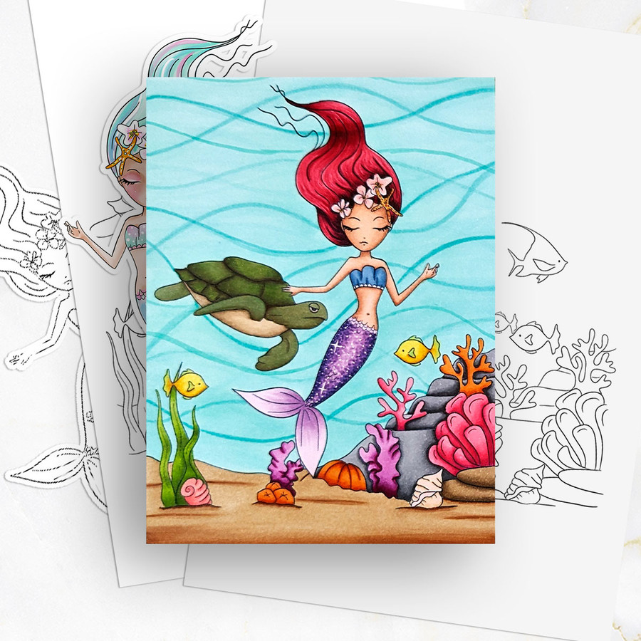 Swimming - Coral Mermaid printable card making craft digital stamp with SVG outline