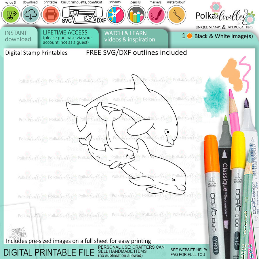 Dolphins - Coral Mermaid printable card making craft digital stamp with SVG outline