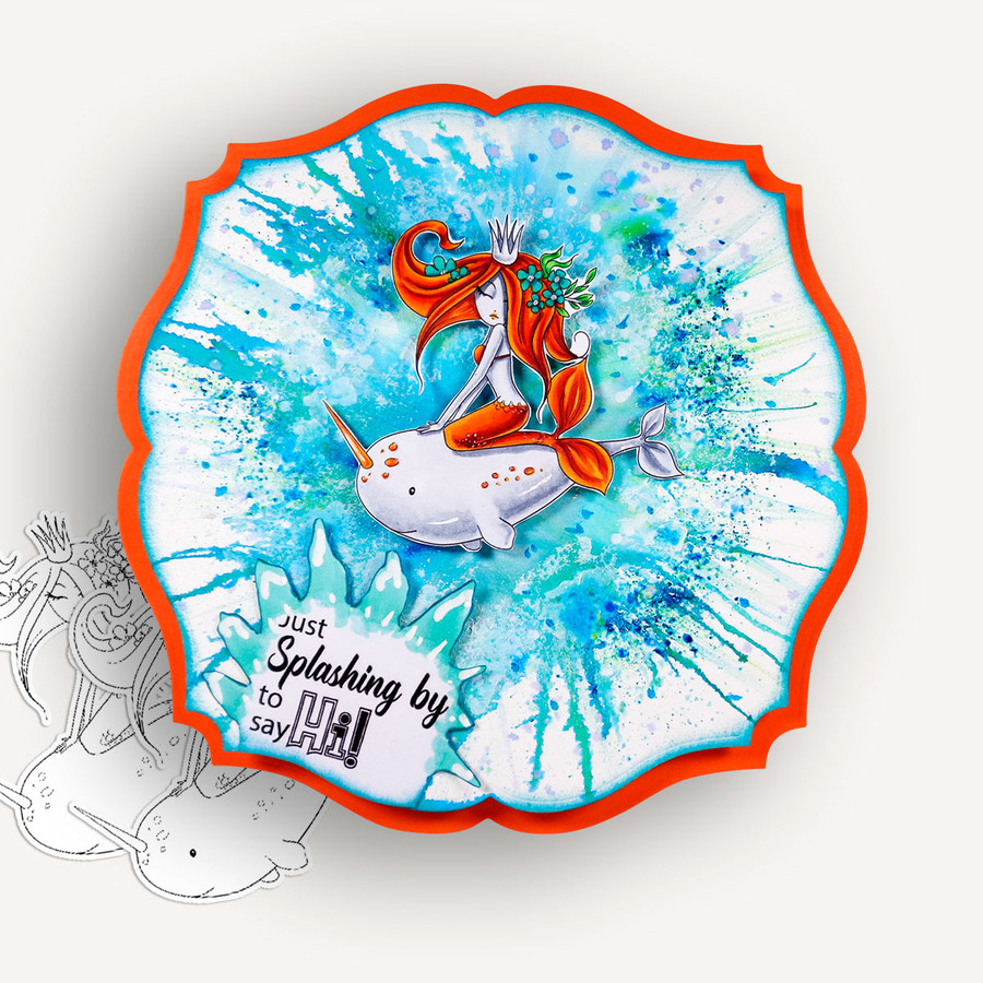 Narwhal whale - Coral Mermaid printable card making craft digital stamp with SVG outline