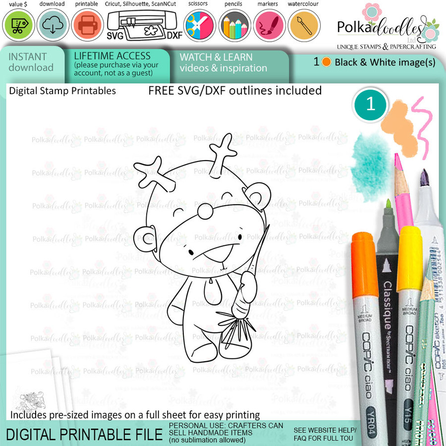 Reindeer dress up Bella Christmas bear - printable stamp craft card making digital stamp download