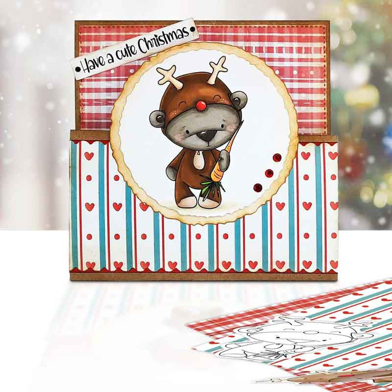 Reindeer dress up Bella Christmas bear - printable stamp craft card making digital stamp download