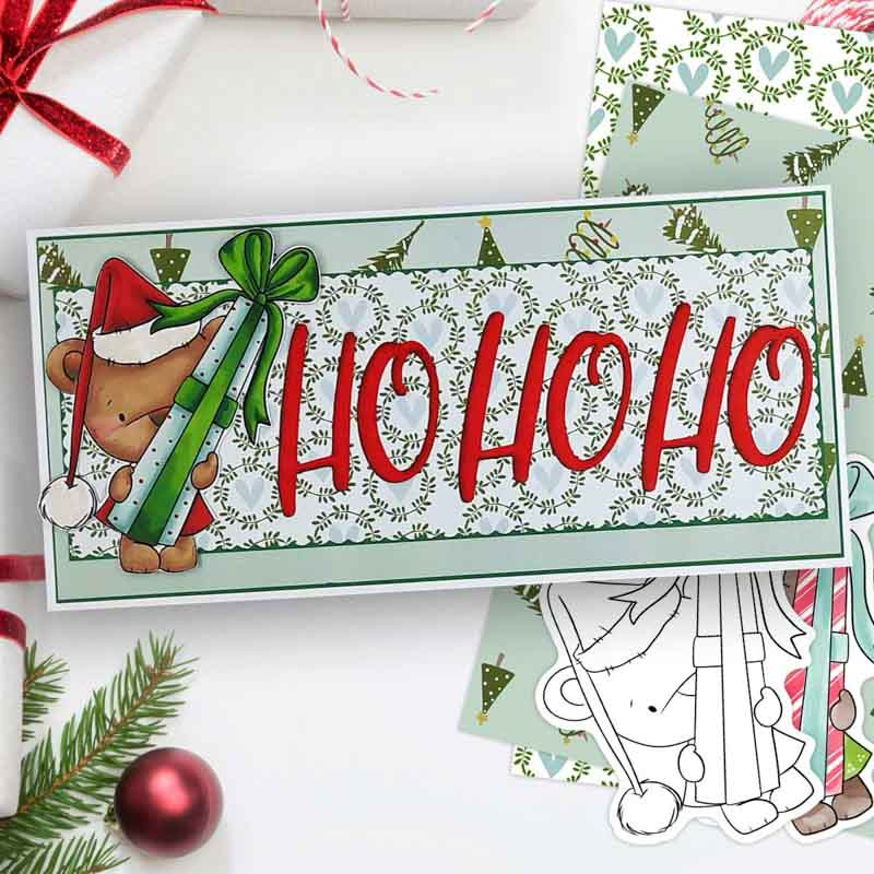 Big gift parcel Bella Christmas bear - printable stamp craft card making digital stamp download