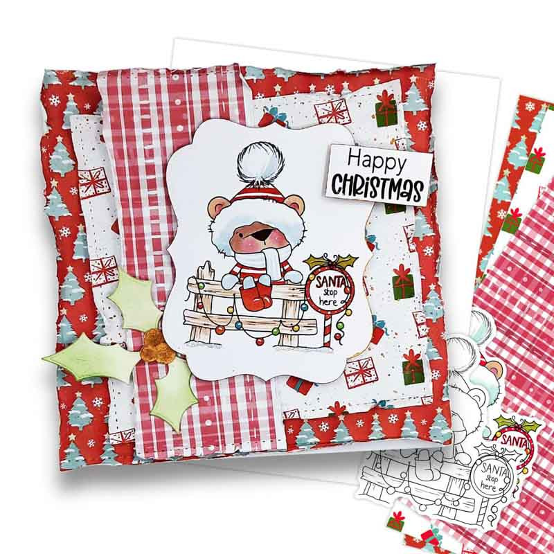 Santa stop here Bella Christmas bear - printable stamp craft card making digital stamp download