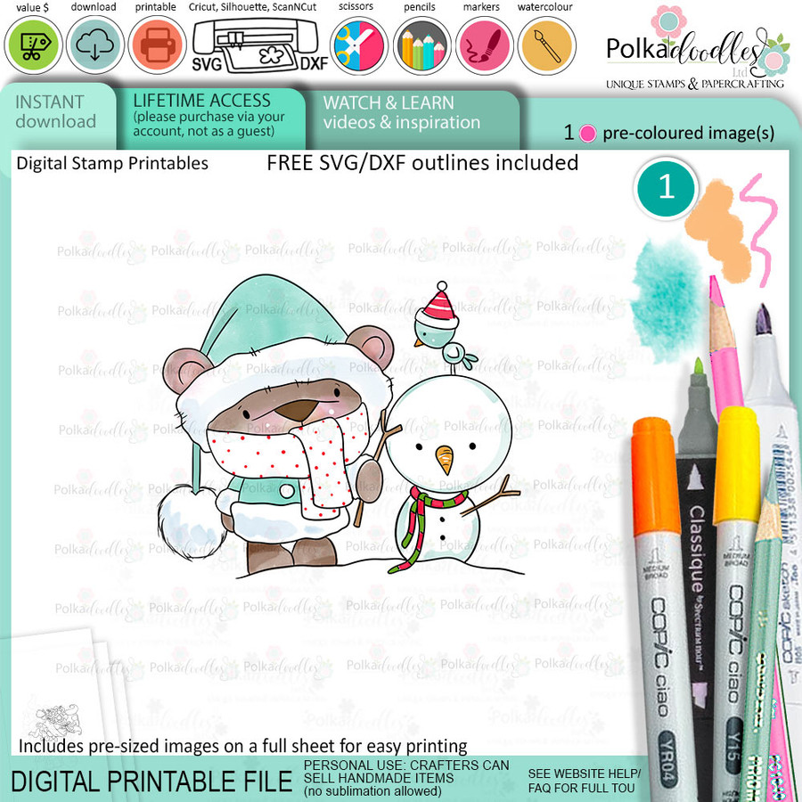 Snowman Bella Christmas bear - colour clipart printable stamp craft card making digital stamp download