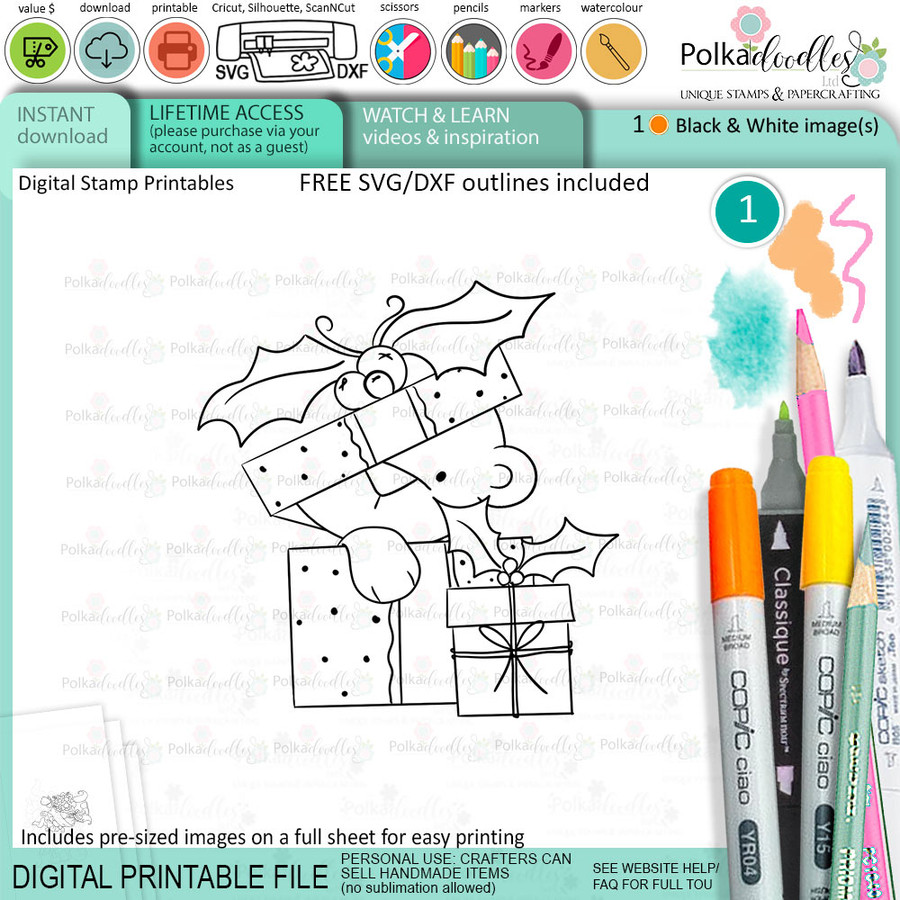 Gift box parcel Bella Christmas bear - printable stamp craft card making digital stamp download