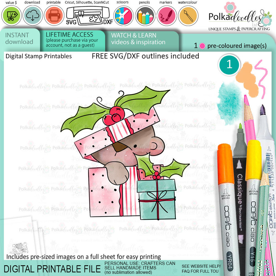 Gift box parcel Bella Christmas bear - colour clipart printable stamp craft card making digital stamp download
