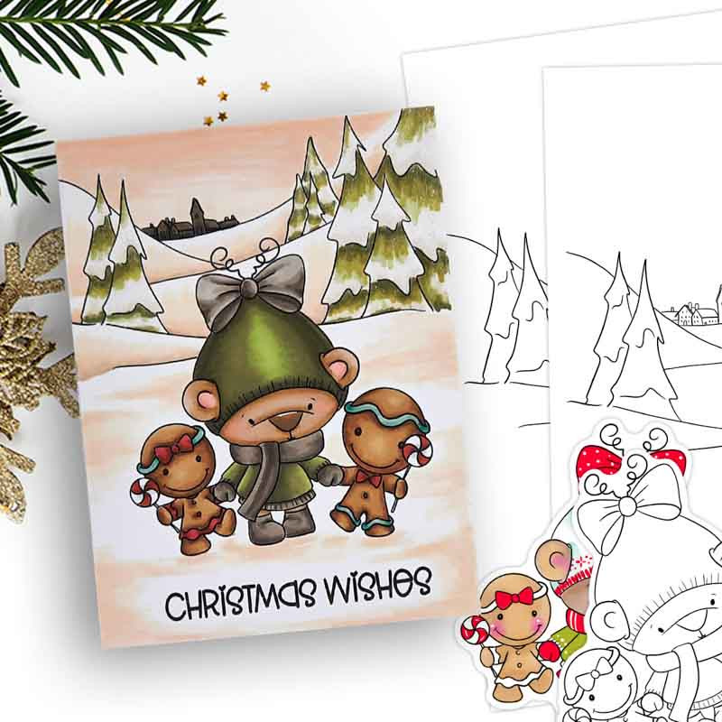 Gingerbread Bella Christmas bear - printable stamp craft card making digital stamp download