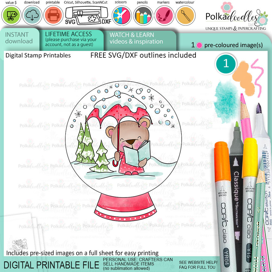 Snow globe carol singing Bella Christmas bear - colour clipart printable stamp craft card making digital stamp download