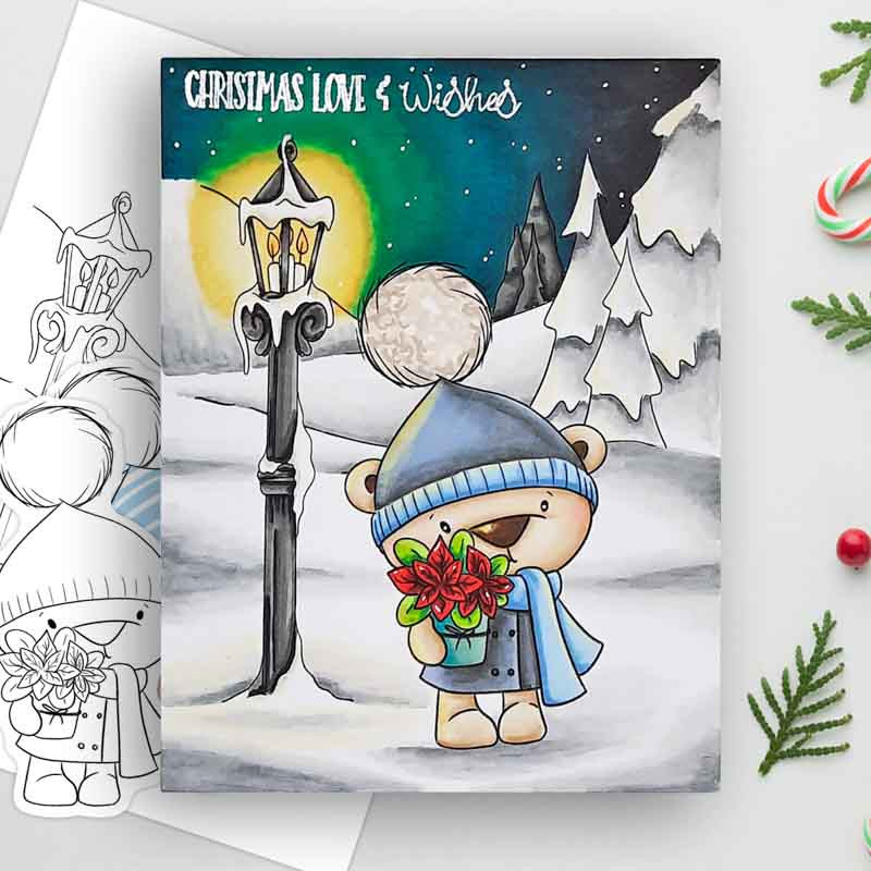Poinsettia Bella Christmas bear - colour clipart printable stamp craft card making digital stamp download