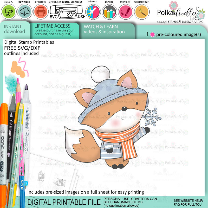 Snowflake Autumn Fall Fox - colour clipart printable stamp craft card making digital stamp download