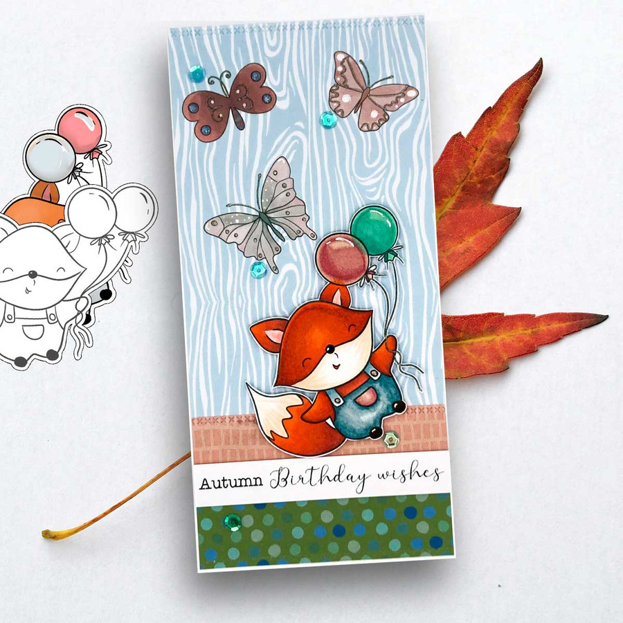 Birthday Balloons Autumn Fall Fox - printable stamp craft card making digital stamp download