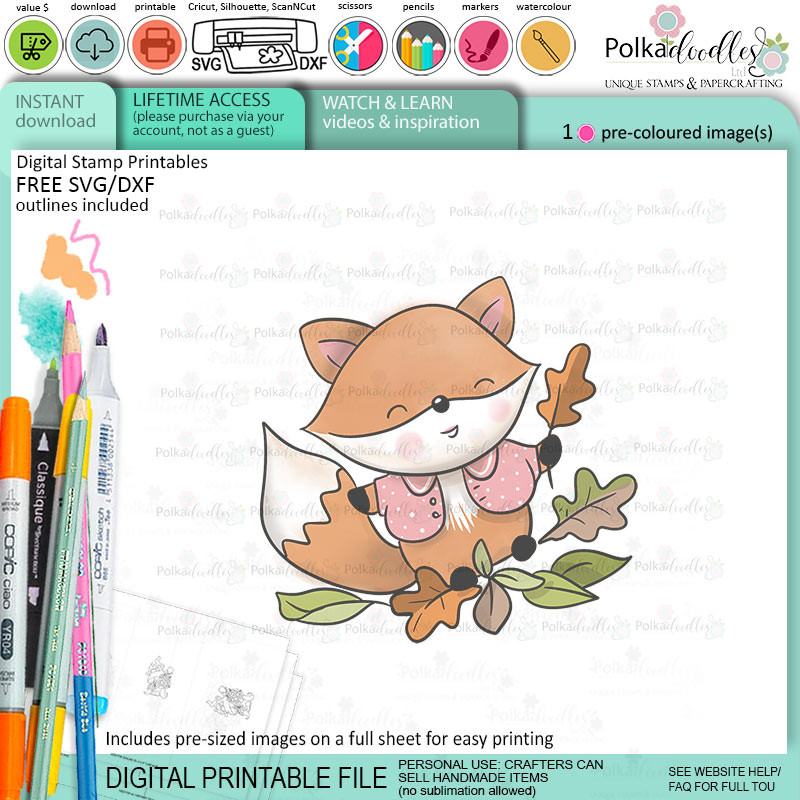 Leaves Autumn Fall Fox - colour clipart printable stamp craft card making digital stamp download