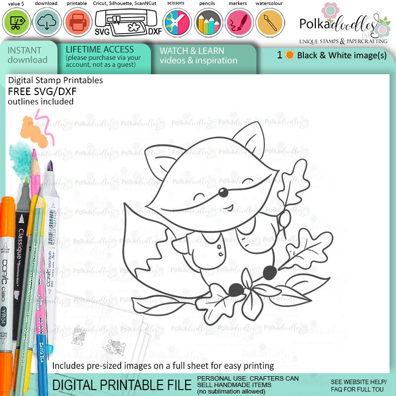 Leaves Autumn Fall Fox - printable stamp craft card making digital stamp download