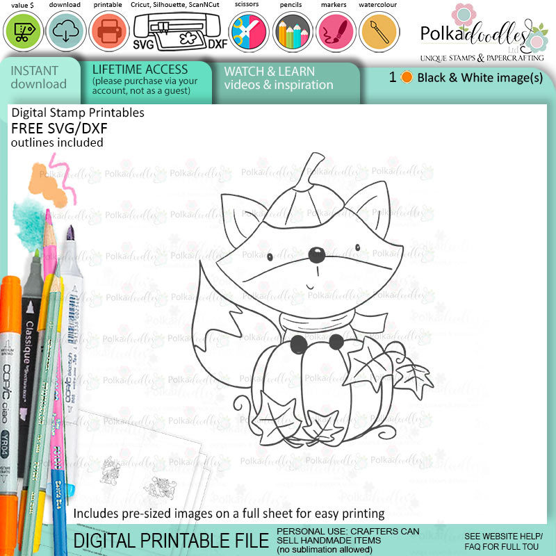 Pumpkin Autumn Fall Fox - printable stamp craft card making digital stamp download