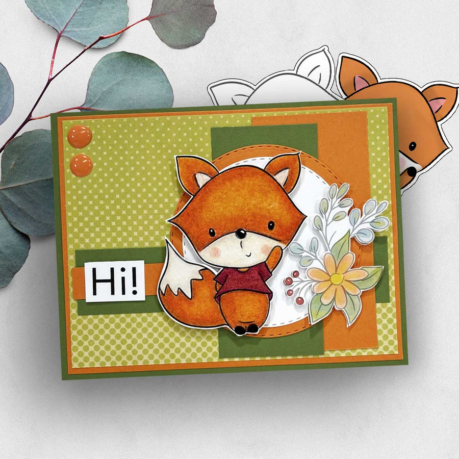 Hello cute Autumn Fall Fox - printable stamp craft card making digital stamp download