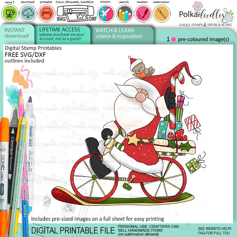 Santa bicycle - Christmas cute colour clipart printable digital stamp for card making, craft, scrapbooking, printable stickers