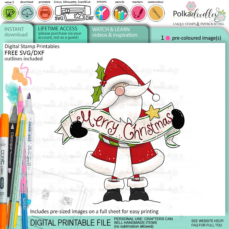 Santa Merry Christmas banner - Christmas cute colour clipart printable digital stamp for card making, craft, scrapbooking, printable stickers