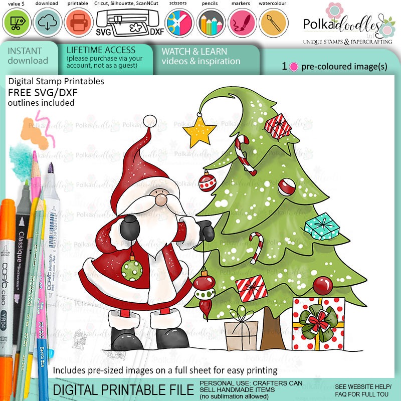 Santa Tree - Christmas cute colour clipart printable digital stamp for card making, craft, scrapbooking, printable stickers