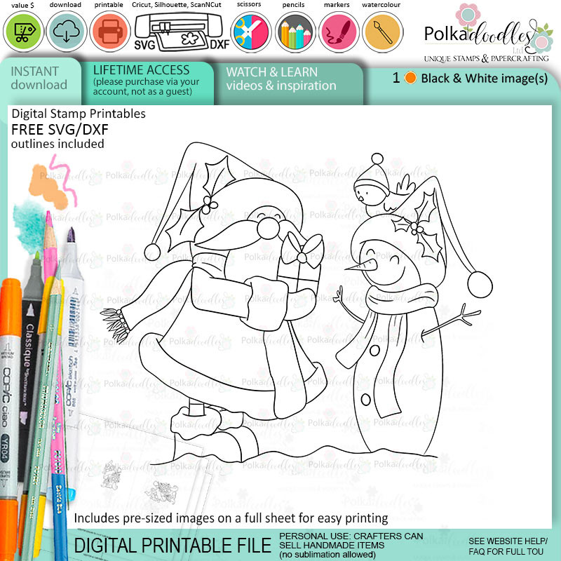 Santa Snowman gift - Christmas cute printable digital stamp for card making, craft, scrapbooking, printable stickers