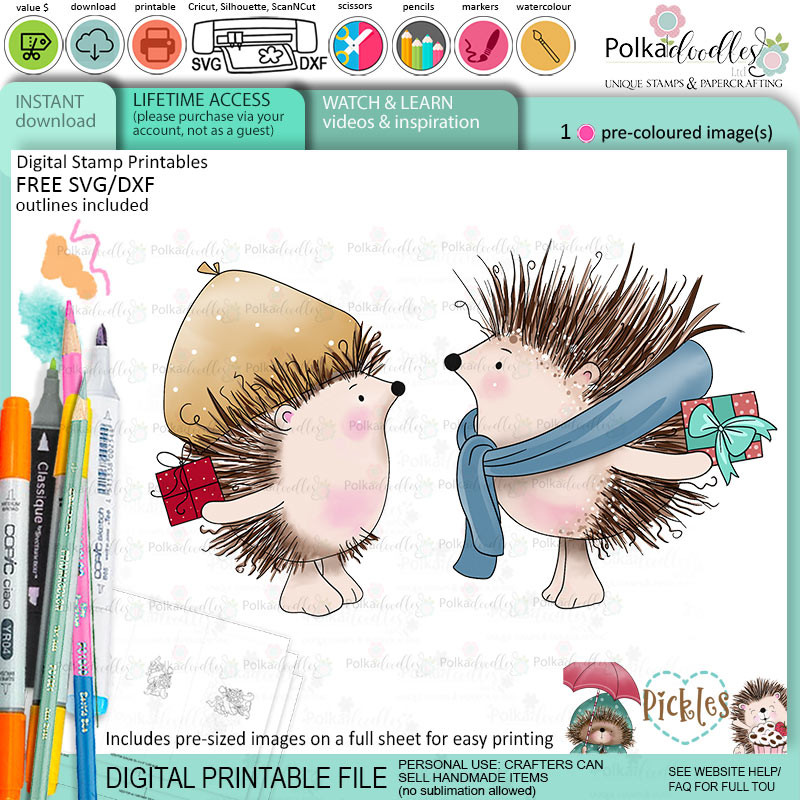 Pickles Hedgehog friends - Christmas cute colour clipart printable digital stamp for card making, craft, scrapbooking, printable stickers