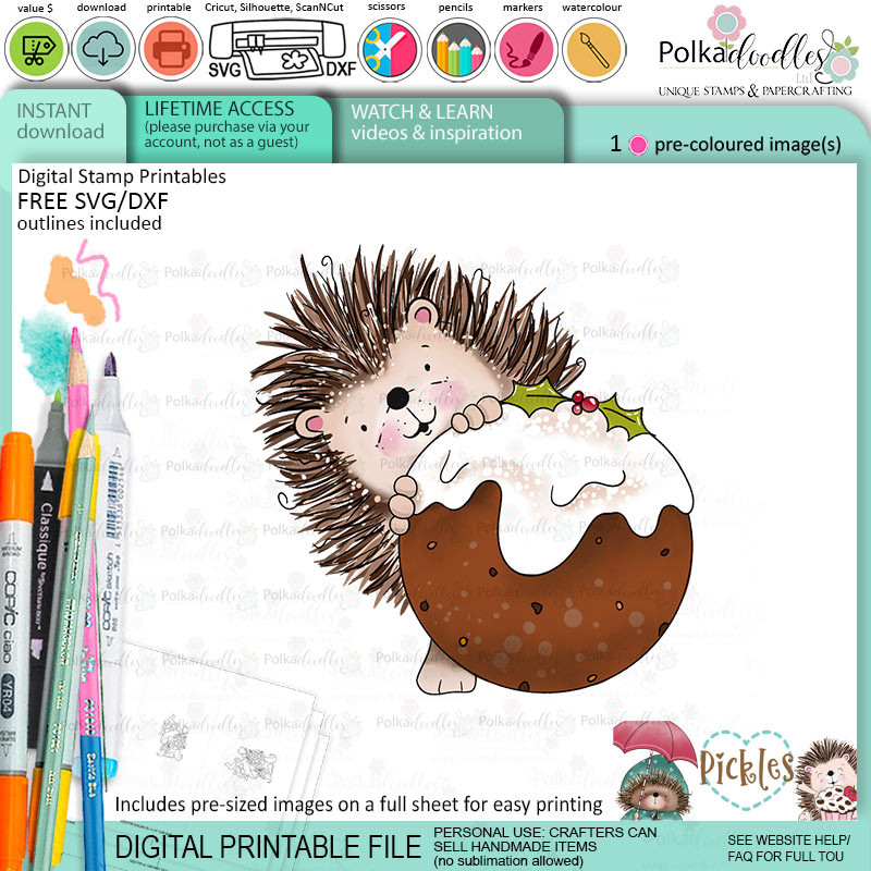 Pickles Hedgehog christmas pudding - Christmas cute colour clipart printable digital stamp for card making, craft, scrapbooking, printable stickers