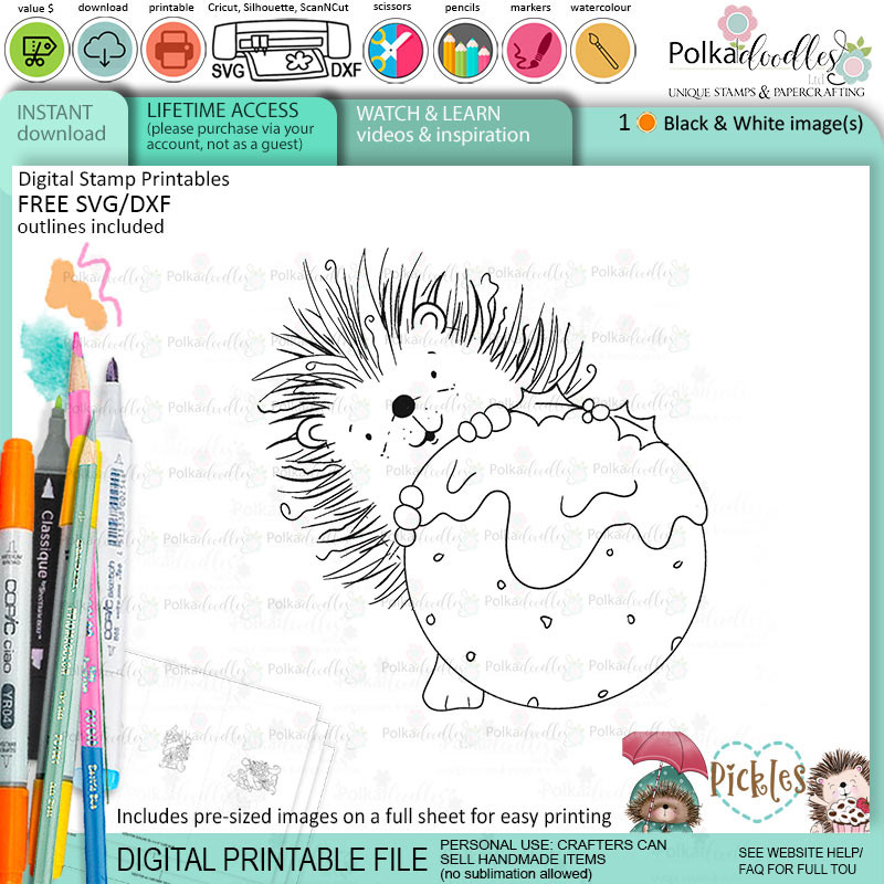 Pickles Hedgehog christmas pudding - Christmas cute printable digital stamp for card making, craft, scrapbooking, printable stickers