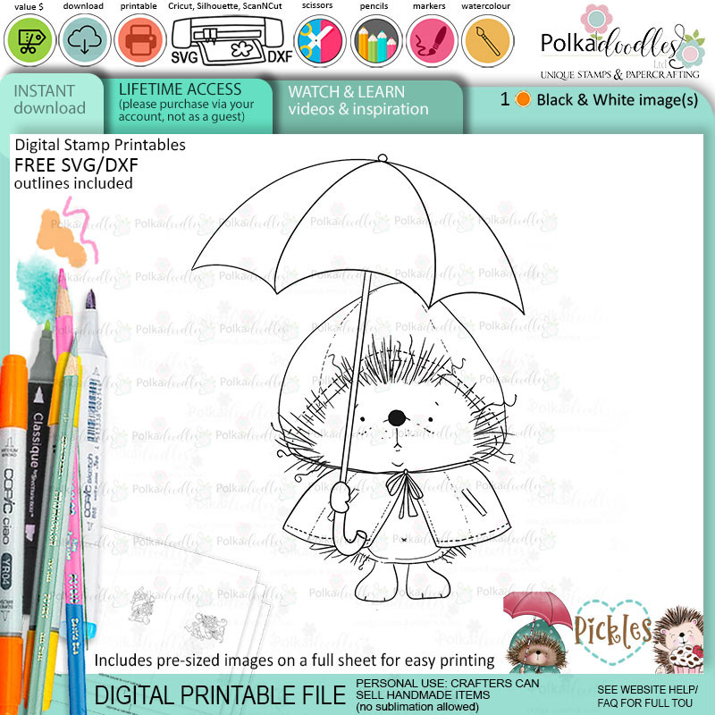 Pickles Hedgehog umbrella - Christmas cute printable digital stamp for card making, craft, scrapbooking, printable stickers