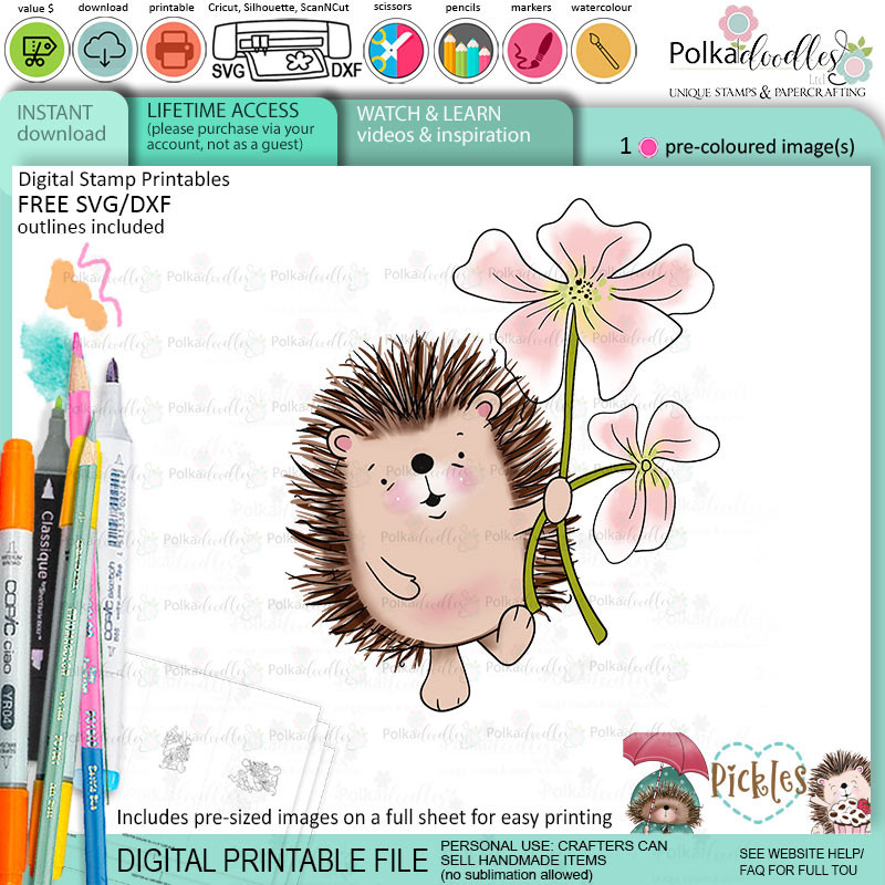 Pickles Hedgehog flowers - Christmas cute colour clipart printable digital stamp for card making, craft, scrapbooking, printable stickers
