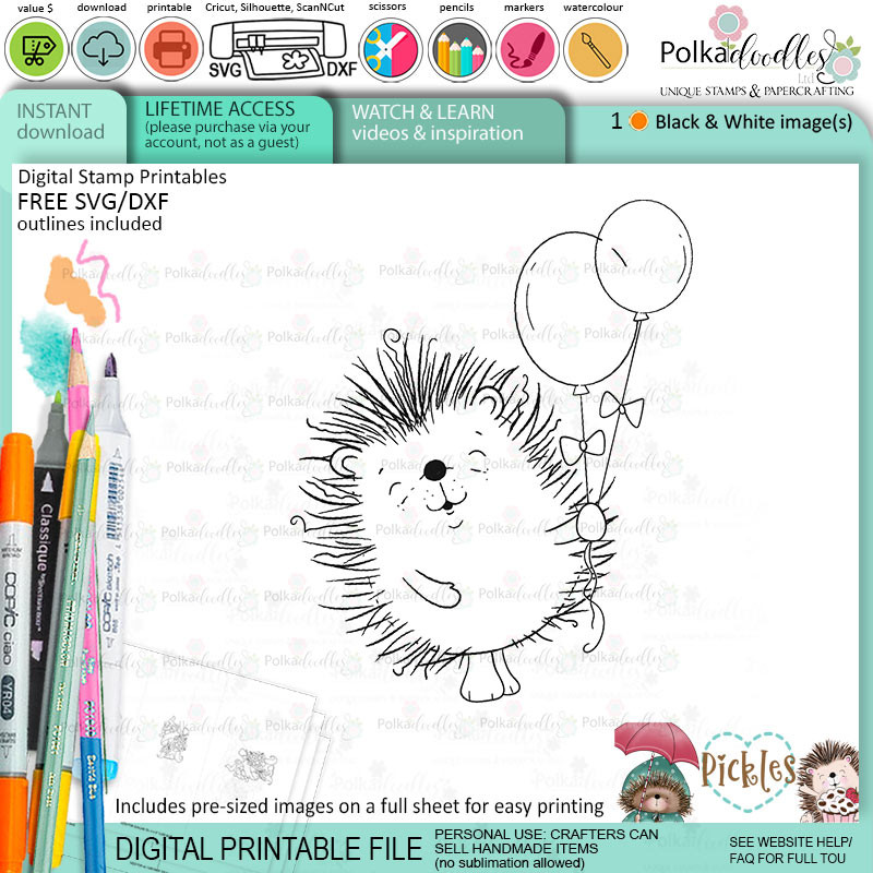 Pickles Hedgehog printable stamp craft card making digital stamp download bundle
