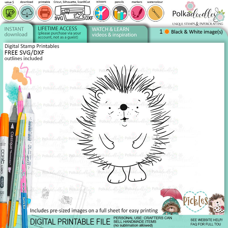Pickles Hedgehog printable stamp craft card making digital stamp download bundle