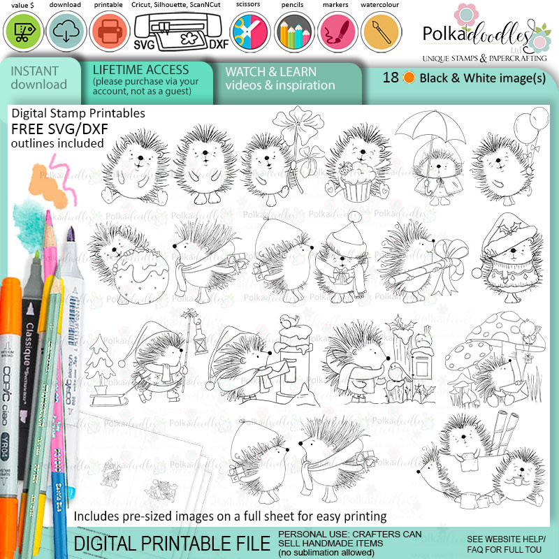 Pickles Hedgehog printable stamp craft card making digital stamp download bundle