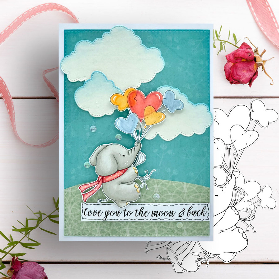 Flying Balloons elephant printable digital stamp for card making, craft, scrapbooking, printable stickers