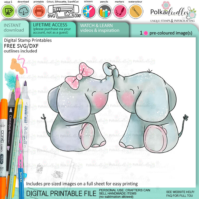 Love Always elephant colour clipart printable digital stamp for card making, craft, scrapbooking, printable stickers