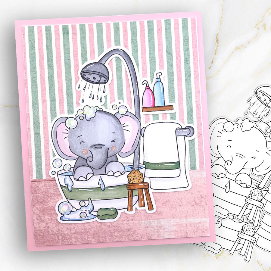 Bathtime elephant printable digital stamp for card making, craft, scrapbooking, printable stickers