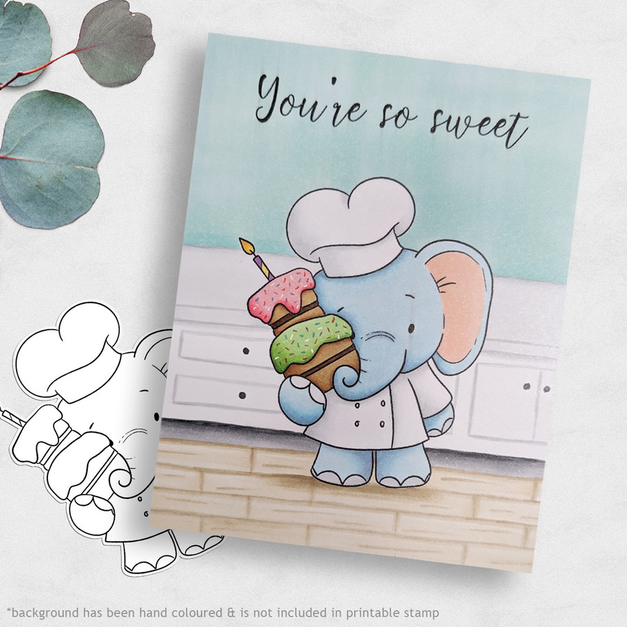 Birthday cake elephant colour clipart printable digital stamp for card making, craft, scrapbooking, printable stickers