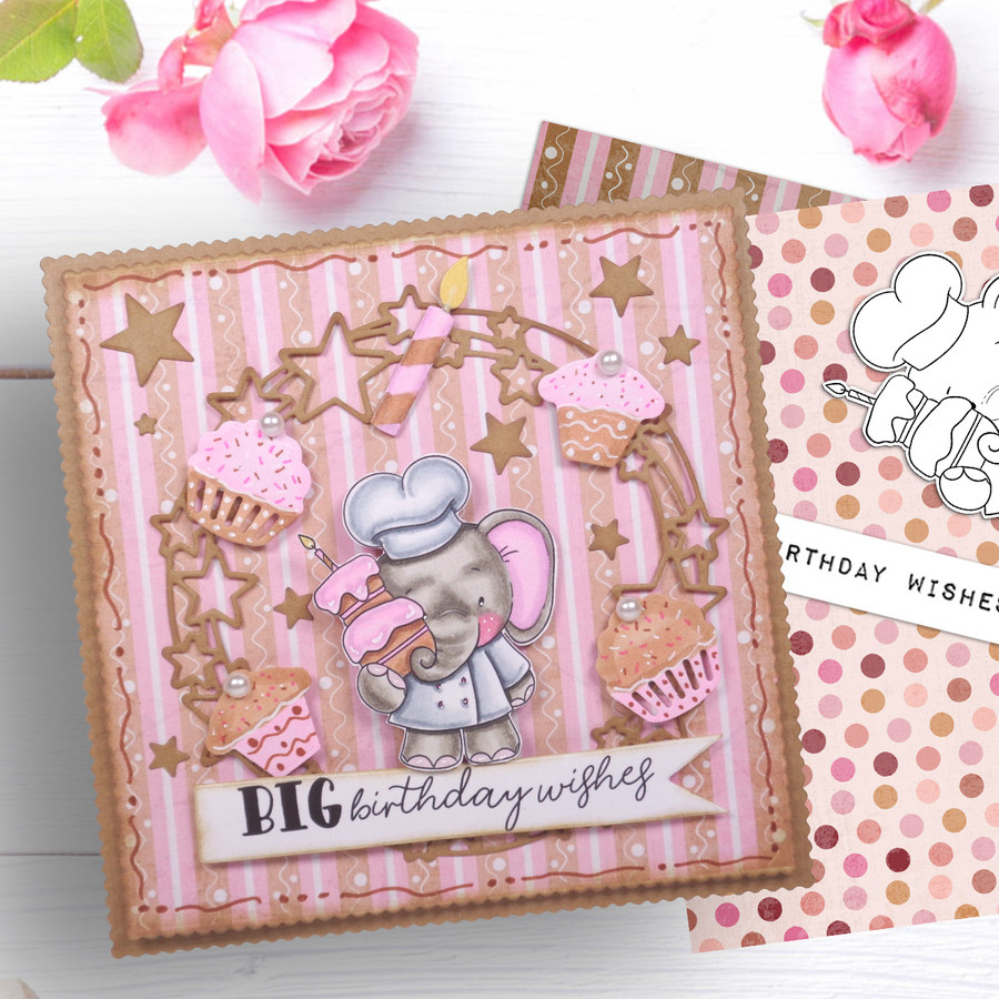 Birthday cake elephant printable digital stamp for card making, craft, scrapbooking, printable stickers