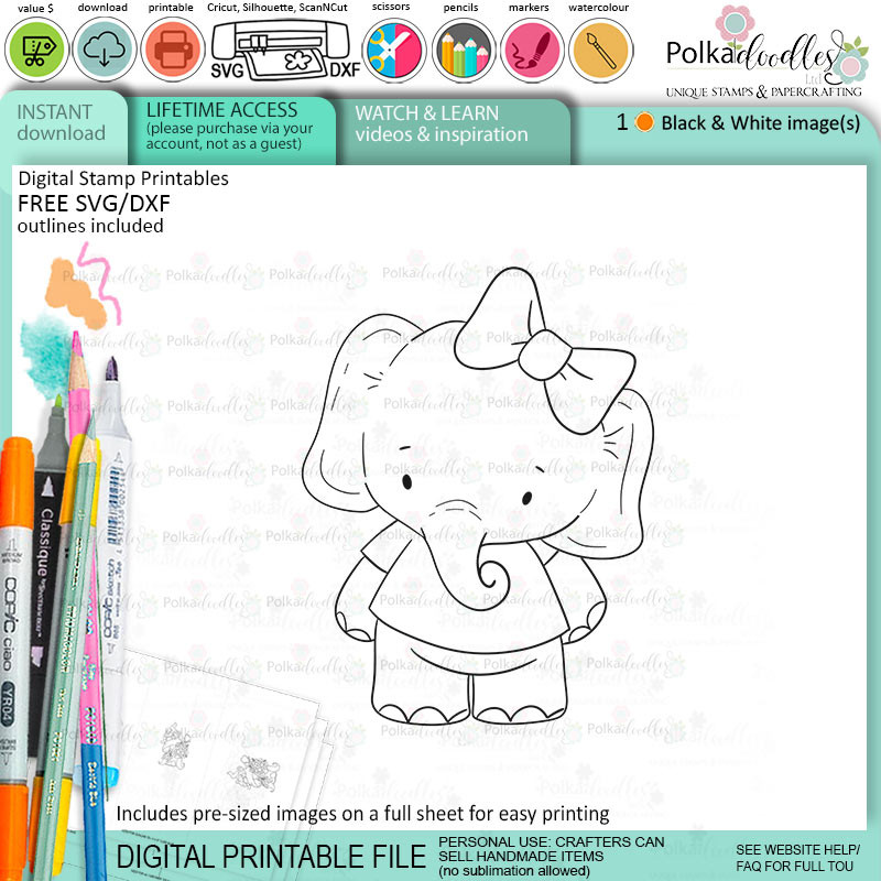 Cute elephant printable digital stamp for card making, craft, scrapbooking, printable stickers