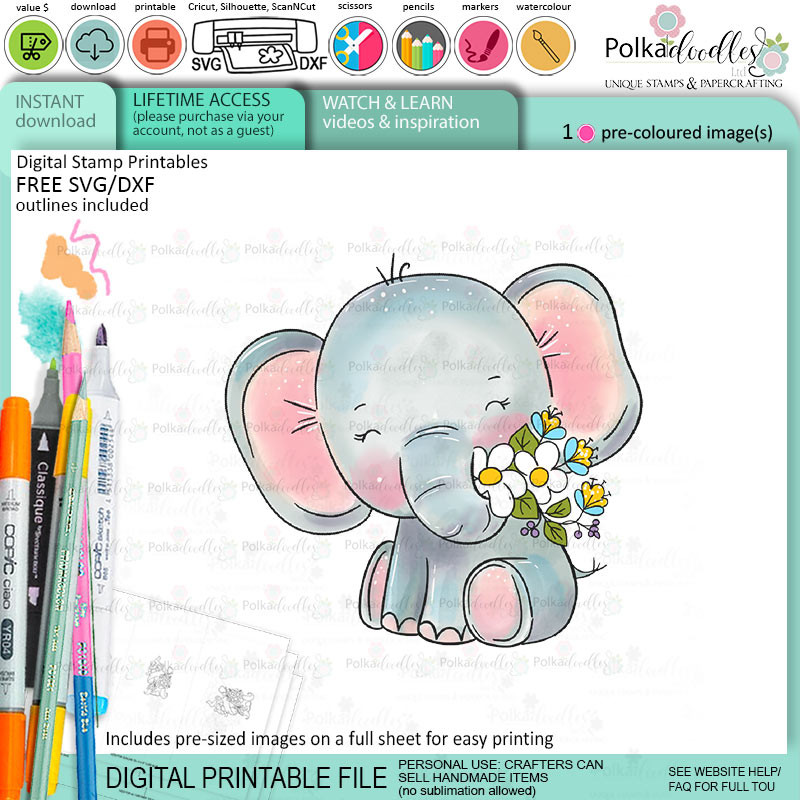 Flowers for you elephant colour clipart printable digital stamp for card making, craft, scrapbooking, printable stickers
