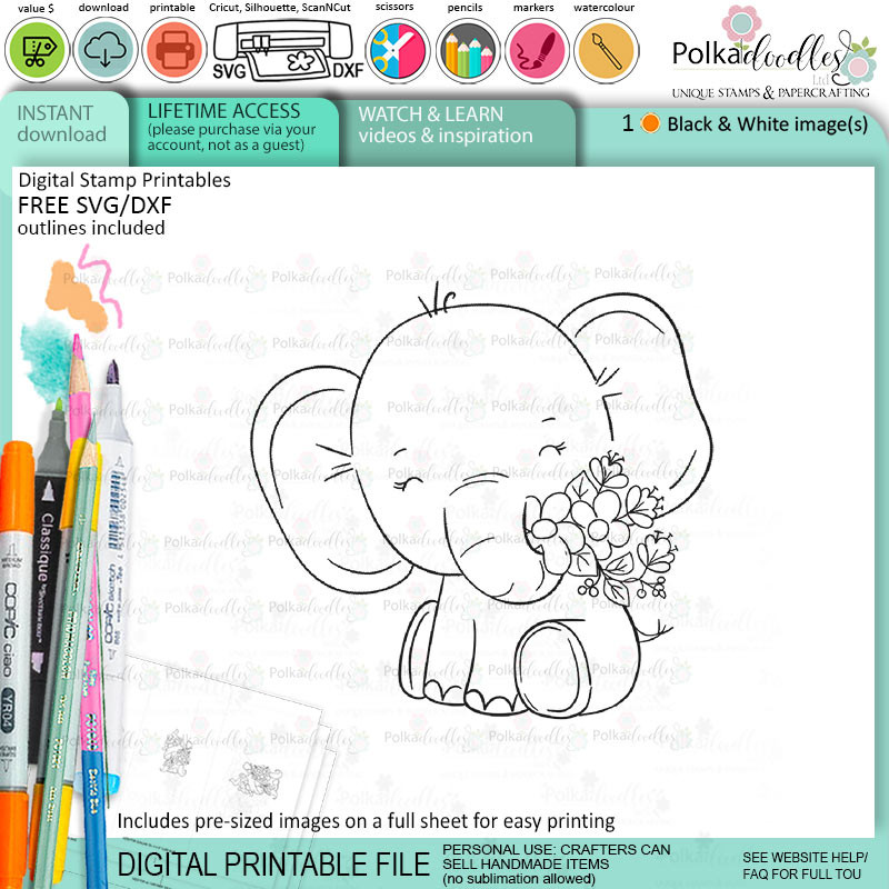 Flowers for you elephant printable digital stamp for card making, craft, scrapbooking, printable stickers