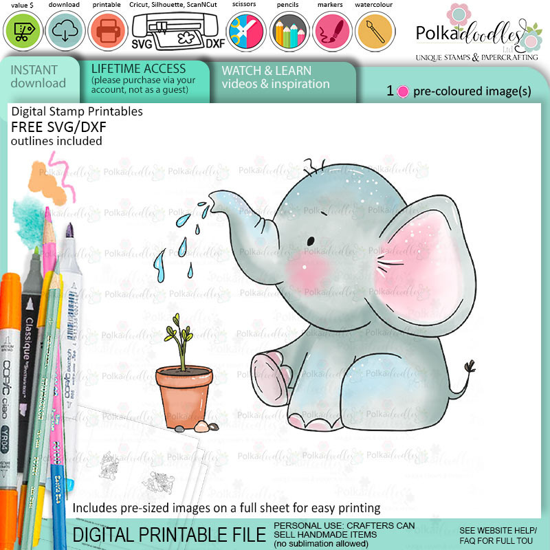 Garden Fun elephant colour clipart printable digital stamp for card making, craft, scrapbooking, printable stickers